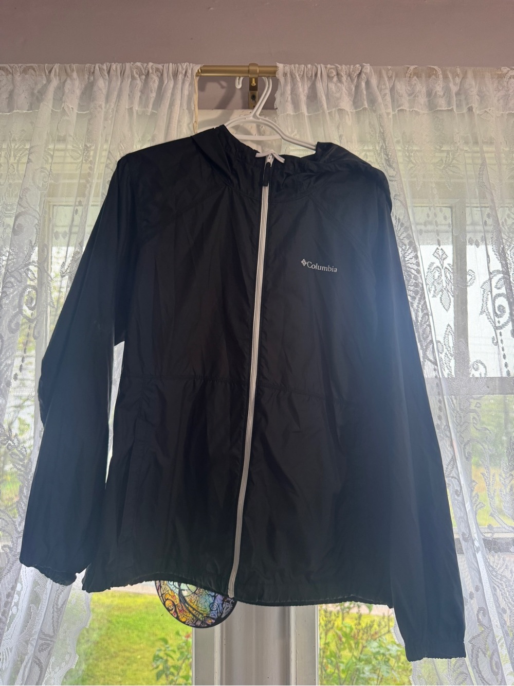 Columbia Black Hooded Wind Breaker with White Zipper